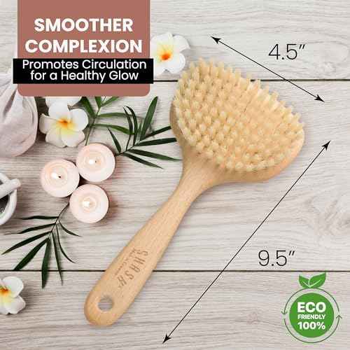 SHASH Since 1869 Hand Made in Germany - Smooth 100% Boar Bristle Body Brush, Gently Exfoliates Skin for a Softer, Smoother Complexion, Dry Brush Body Scrubber Promotes Circulation for a Healthy Glow