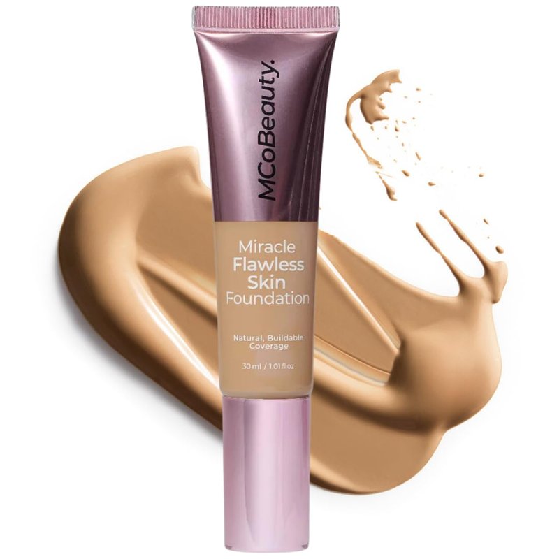 MCoBeauty Miracle Flawless Skin Liquid Foundation Honey - Buildable Medium Coverage Dewy Finish for All Skin Types - Hyaluronic Acid Coconut Water Rose Water Hydrating Face Makeup Vegan - 1 Fl Oz