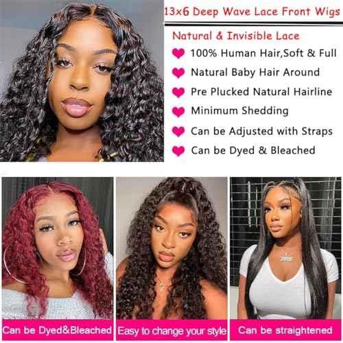 13x6 Deep Wave Lace Front Wigs Human Hair HD Lace Front Wigs for Black Women Pre Plucked Brazilian Deep Curly Human Hair Wig 180% Density Glueless Frontal Wigs (22 Inch)