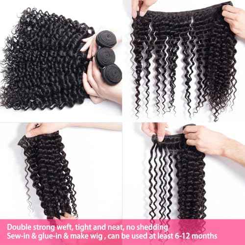 12A Deep Wave Human Hair Bundles 20 22 24 Inch Brazilian Curly 3 Bundles Human Hair 100% Unprocessed Virgin Wet and Wavy Hair Weave 1B Black