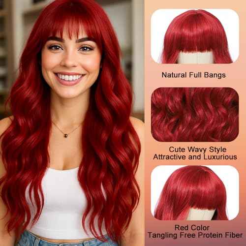 Long Red Wigs with Bangs 26Inch Wavy Curly Hair for Women Tangle Free Soft Natural Looking Premium Heat Resistant Protein Fiber Daily Party Use
