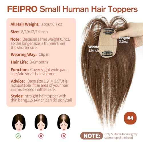 Hair Toppers for Women Real Human Hair Wispy Bangs,Short Lightweight,Thin Crown Wiglets Hair Pieces Small Top Base 1.9"¡¿3.5" Natural Cover Wide Part Line (12In,0.7oz,#4 Medium Brown)