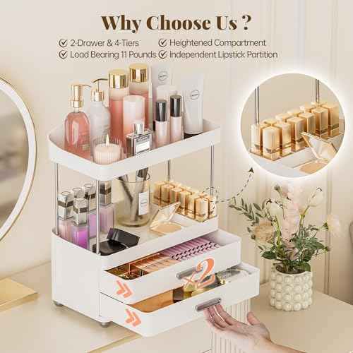 Delamu Bathroom Counter Organizer with Lipstick Holder, 4 Tier 2 Drawers Makeup Organizer, Bathroom Organizers and Storage for Vanity, Office, Perfume, Skincare, White