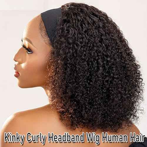 Headband Wig Human Hair Kinky Curly Human Hair Curly Headband Wig 150% Density Wear and Go Glueless None Lace Front Wig Machine Made Wigs for Black Women Natural Color 26Inch