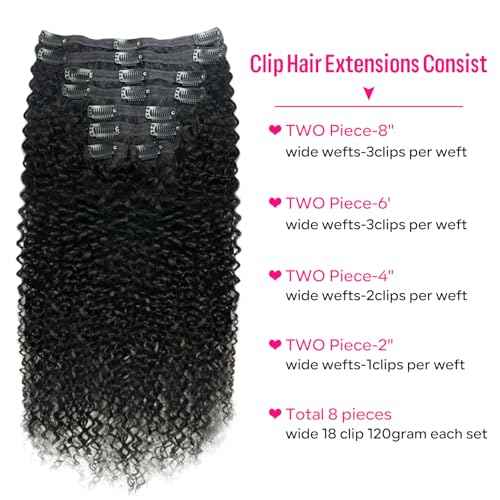 Curly Clip in Hair Extensions for Black Women Brazilian Virgin Human Hair Clip in Extensions 8Pcs Kinky Curly Clip ins Human Hair with 18Clips Double Lace Weft 120g 20nch Natural Black