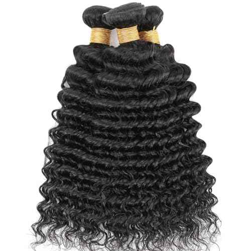 Human Hair Bundles Deep Wave Brazilian Virgin Human Hair 3 Bundles Deals 12 14 16inch 100% Unprocessed Brazilian Deep Wave Curly Bundles Weaves for Black Women Nature Black