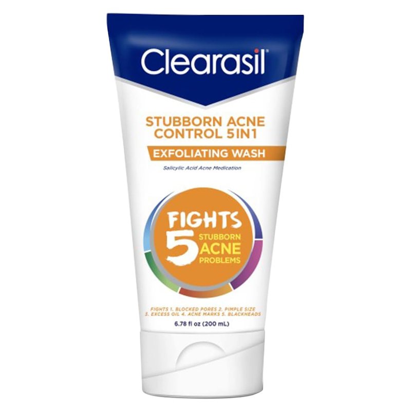 Clearasil Stubborn Acne Control 5in1 Exfoliating Wash, Maximum Strenght with 2% Salicylic Acid Acne Treatment Medicine, Daily Acne Facial Cleanser 6.78 fl oz