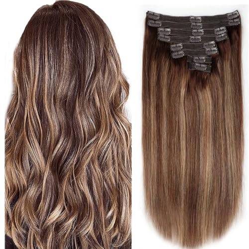 Clip in Hair Extensions for Women Brazilian Virgin Human Hair Extension Straight 8Pcs Remy Hair Extensions Clip in Human Hair with 18Clips Double Lace Weft 120Gram (16inch, #4/27/4)