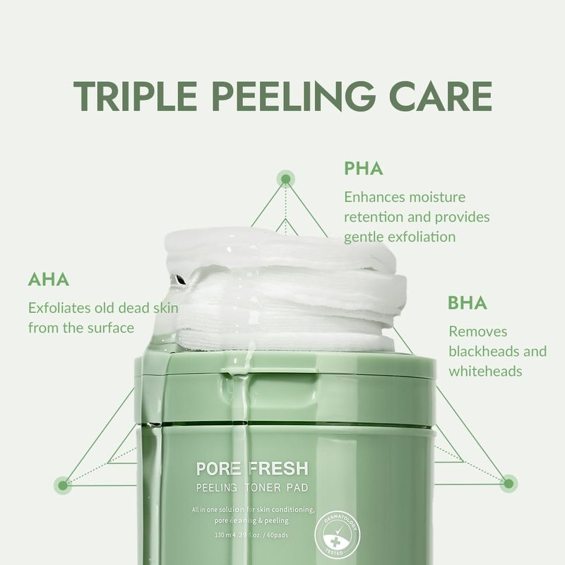 MIZON Pore Fresh Peeling Toner Pads AHA BHA PHA with Tea Tree & Turmeric Extracts, Gentle Exfoliation & Deep Cleansing, Korean Peeling Pads Cotton Soothing Exfoliating Pore Tightening (60 PCS)