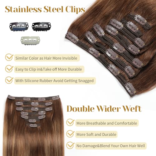 Clip in Hair Extensions Real Human Hair, 16 Inch 7pcs 140g/Pack - Ombre Chocolate Brown to Caramel Blonde, Soft Hair Extensions Real Human Hair Clip ins Straight for Women (16 Inch)