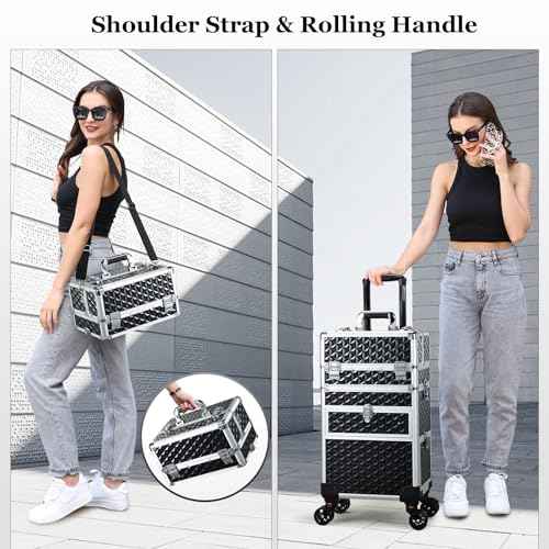 Joligrace Large Rolling Makeup Train Case with Foot-Brake Wheels, Removable Shoulder-Strap Makeup Carrying Case, Adjustable Compartments, Built-in Nail Polish Drawer, and Detachable Drawer