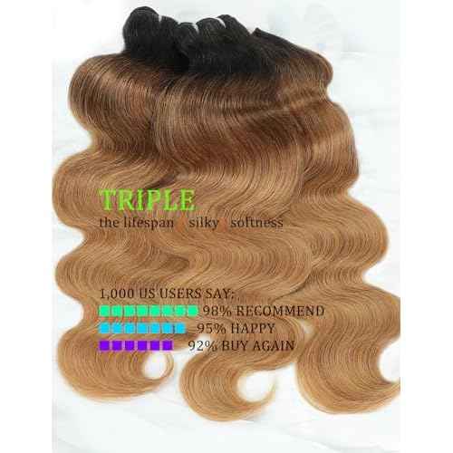 Ombre Bundles Human Hair, 13A Raw Indian Hair Bundles Body Wave, 16 Inch Colored Honey Blonde 1B27 Ombre Human Hair Bundles, 2 Years Service Life, Keep Texture Silky Soft Tangle-Free
