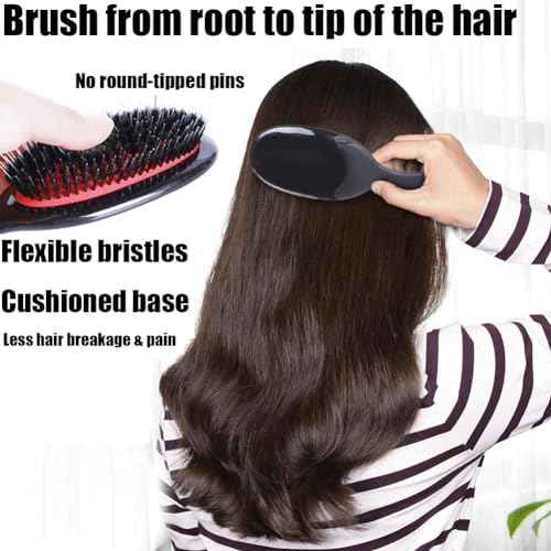 Boar Bristle Detangling Paddle Hair Brush and Comb Set for Women Men, Anti-frizz Styling Hairbrush for Curly Fine Wavy Natural Tangled Hair, Boar Nylon Bristle Cushioned Brush