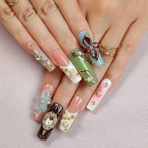 Handmade Press on Nails Long Square Fake Nails Luxury Pearl Rhinestone & 3D Flower Art Designs Salon Quality Acrylic Nails French Tip Gold Rose Steel Ball False Nails Stick on Nail for Women£¨Size M)