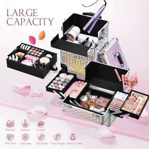 Rolling Makeup Train Case, 3-in-1 Makeup Trolley, Cosmetology Case on Wheels, Travel Makeup Organizer Case for Salon Barber Cosmetology Students, Nail Technicians, Hairstylists, and MUAs, Shiny Pink