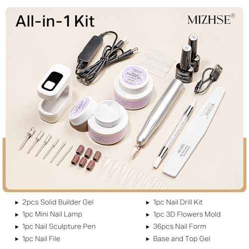 MIZHSE Solid Builder Nail Gel Kit with Nail Drill, Clear White 3D Sculpting Nail Gel for Nail Art with U V Lamp Brush for Nail Extension Home Salon DIY Manicure