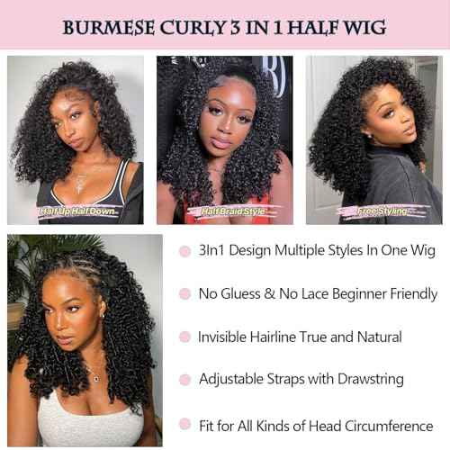 Half Wig Human Hair Burmese Curly Wig for Women 250% Density Wear Go Glueless Wigs Human Hair 3 In 1 Seamless Flip Headband Wig Hairline Beginner Friendly with Spiral End Natural Color 20Inch
