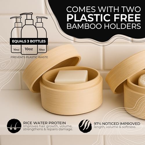 Viori Hidden Waterfall Shampoo and Conditioner Bar Set and Bamboo Holder - Made with Rice Water for Hair Growth - Handcrafted Sulfate Free Shampoo and Conditioner