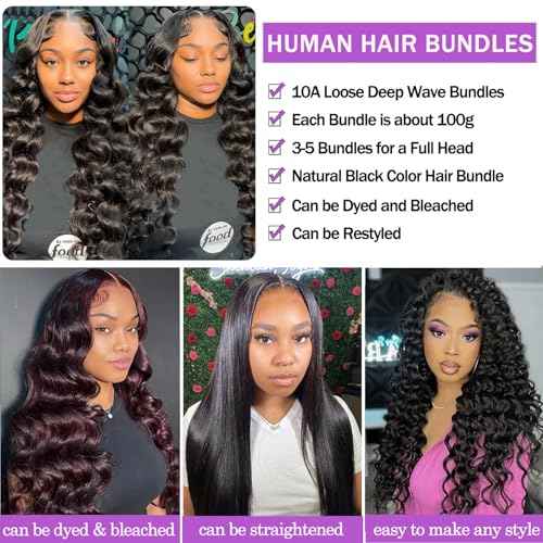 10A Loose Deep Wave Bundles with Closure Human Hair (12 14 16+12), 100% Unprocessed Raw Human Hair Weave with Closure, Brazilian Virgin Loose Curly Bundle Deals Natural Black Color