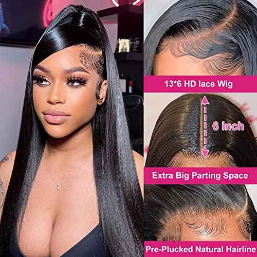 13x6 Lace Front Wigs Human Hair 180 Density HD Transparent Straight Lace Front Human Hair Wigs for Women Straight Lace Front Wigs Pre Plucked with Baby hair Natural Color (24 Inch)