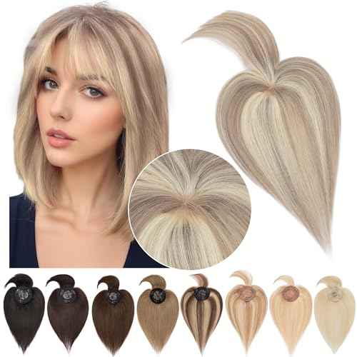SEGO Hair Toppers for Women Real Human Hair with Bangs Mono Base 10 Inch Clip In Bangs Wiglets Topper Hairpieces for Women with Thinninghair -18YP613 Ash Grey&Bleach Blonde
