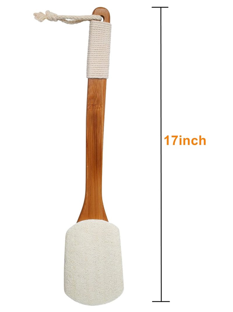 Leotruny 100% Natural Exfoliating Loofah with Long Wooden Handle Shower Back Brush (Off-White (2 Pack))