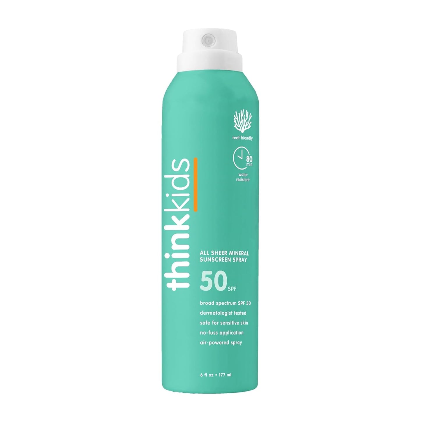 Thinksport Kids Sunscreen Spray - SPF 50 Mineral Protection | Water-Resistant, 6 Fl Oz, Natural Zinc Oxide