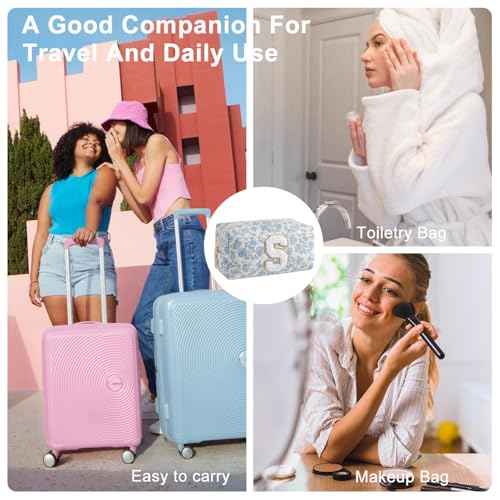 Gleyemor Personalized Initial Makeup Bag for Women, Cute Quilted Blue Floral Cotton Cosmetic Bag, Christmas Gifts for Her Mom Friend Sister Bridesmaid Teacher Women S