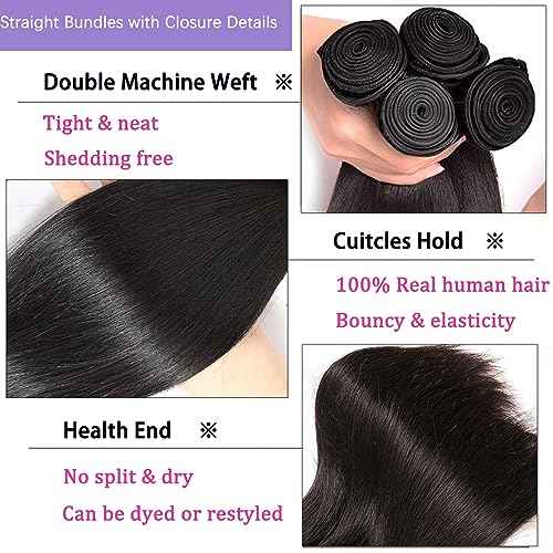Brazilian Straight Bundles with Closure Human Hair Weave 3 Bundles and 4X4 HD Lace Closure (14 16 18+12 Inch) Unprocessed Virgin Remy Hair Free Part for Women