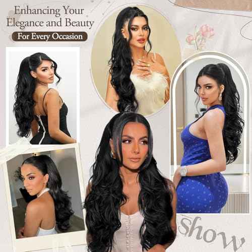 AISI BEAUTY Ponytail Extension 26 Inch Drawstring Ponytail Extension for Women Synthetic Long Black Wavy Layered Pony Tails Hair Extensions Clip in hairpieces fow Women
