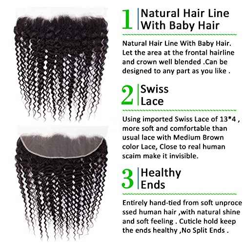 13x4 Lace Frontal Closure Deep Wave Regular HD Lace, 200% Density, 100% Brazilian Virgin Human Hair Ear to Ear HD Lace Frontal Pre Plucked with Baby Hair Natural Black Color 18 Inch