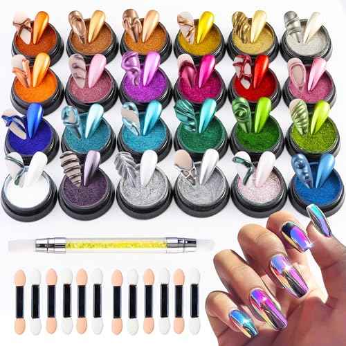 24 Colors Chrome Nail Powder Kit Mirror Effect Gold Silver Red Green Black Metallic Chrome Powder for Nails with Silicone Pen Applicator Brush Extra Fine Glitter Powder Manicure Supplies