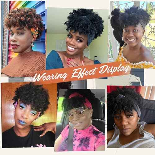 Headband Wig Afro Kinky Headband Wig with Bangs for Women Black Head Wrap 2 in 1 for Women Curly Full Scarf Wigs Synthetic Short Afro Kinky Wigs Afro High Puff Wig