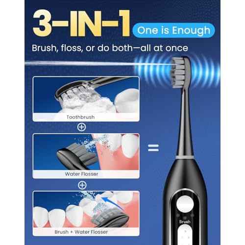 Electric Toothbrush with Water Flosser 3-in-1 Combo, Professional Sonic Toothbrush for Adults, 3 Brush Modes+5 Floss Speeds, Rechargable, 2.0 Flossing Toothbrush for Oral Care, Portable Travel Case