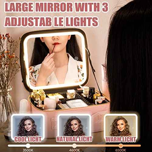 Seoneiro Makeup Travel Bag with LED Lighted Mirror Adjustable Brightness Portable Waterproof Makeup Case with Adjustable Dividers, Make up Train Case Organizer Makeup Brush Accessories and Tool Case