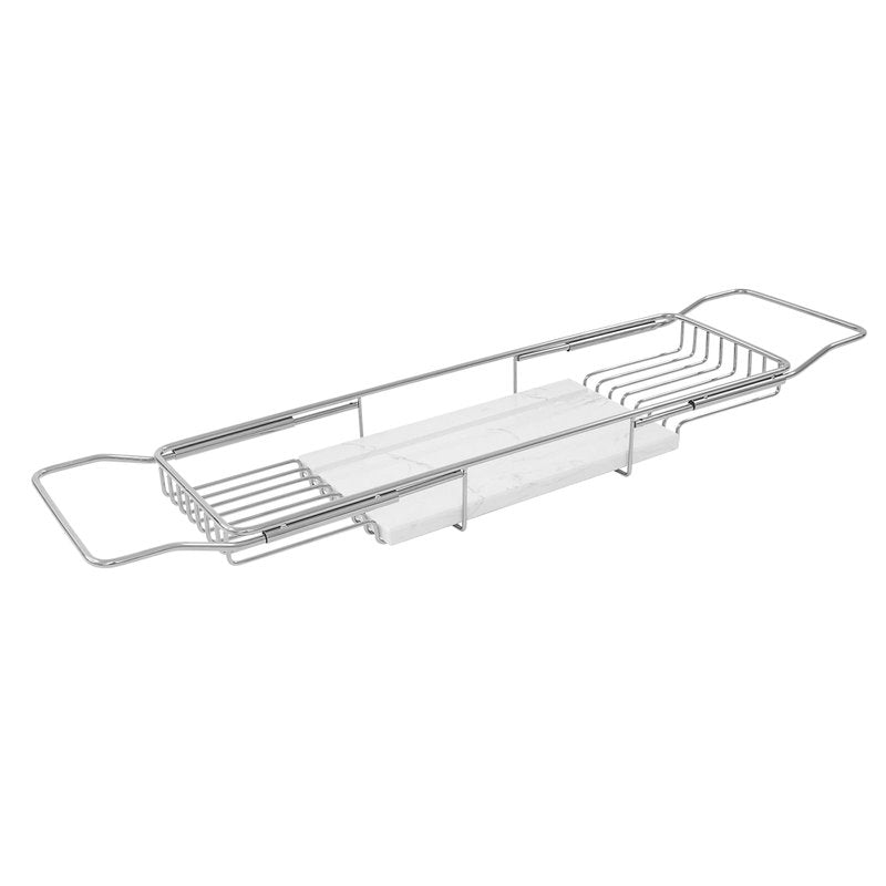 Bathtub Tray Caddy for Luxury Bath, Stainless Steel 26.8-35.4 in Expandable Extra Wide Bath Tub Tray with Natural Marble and Mobile/Tablet Stand, Ideal for Home Spa Lovers (Silver + White)