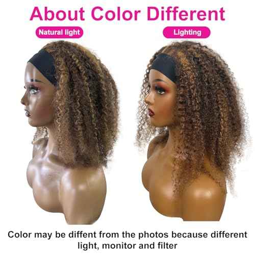 Ombre Highlight Headband Wig Human Hair #4/27 Colored Kinky Curly Headband Wig for Black Women Glueless None Lace Front Human Hair Wigs Brazilian Virgin Hair Wear and Go Wigs 150% Density 20 Inch