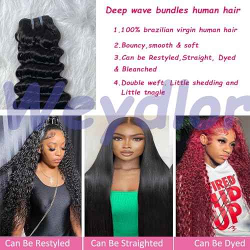 Deep Wave Human Hair Bundles 12A 18 20 22 Inch, 3 Bundle 100% Unprocessed Virgin Brazilian Human Hair Extensions Quick Weave Natural Black, Can be Dyed