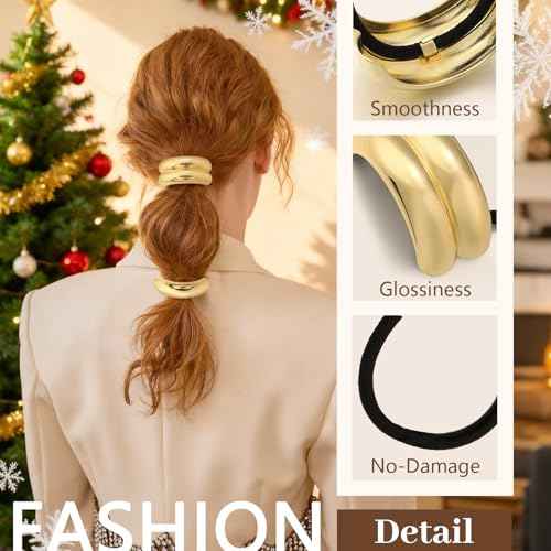 3PCS Gold Hair Ties, Metal Hair Ties for Thick Hair, Elegant Durable Geometric Design, Gold Hair Accessories Stretchy and Non-Damage Ponytail Cuff Holders, 3 Styles in Box Holiday Christmas Gifts