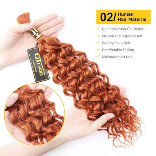 QTHAIR Water Wave Bulk Human Hair For Braiding, 16A, No Weft, 100% Unprocessed Brazilian Water Wave Virgin Hair, 2 Bundles, Micro Braiding (#350(Ginger), 22"-100g, Curly)