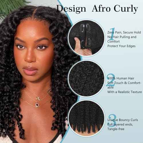 Burmese Curly V Part Wigs Human Hair 200% Density Upgrade U Part Human Hair Wigs with Drawstring and Spiral End Glueless Clip in Half Wigs for Black Women No Leave Out #1B Natural Black 20Inch