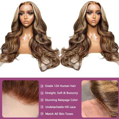 Ombre Balayage Honey Blonde Highlight Wig Human Hair, Body Wave 13x6 Lace Front Wigs Human Hair 24 Inch Brown to Blonde Highlights Glueless Lace Front Wigs Pre Plucked Human Hair Wigs for Women