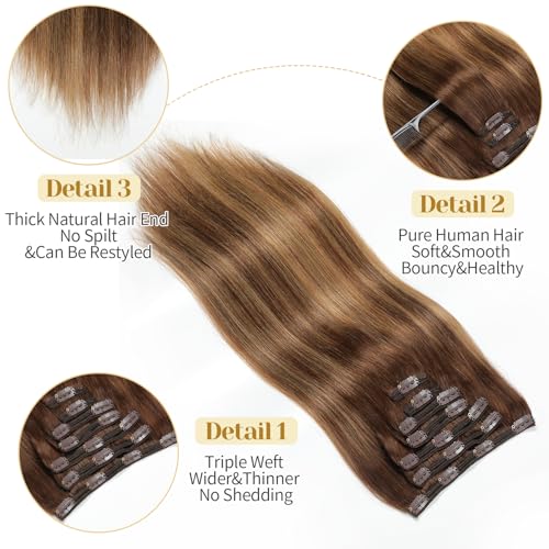 Clip in Hair Extensions Real Human Hair, 16 Inch 7pcs 140g/Pack - Ombre Chocolate Brown to Caramel Blonde, Soft Hair Extensions Real Human Hair Clip ins Straight for Women (16 Inch)