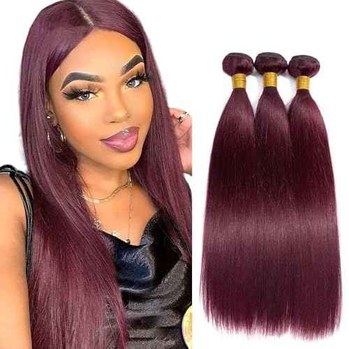 Human Hair Bundles 22 24 26 Inch Burgundy 99J Straight Bundles Human Hair 100% Unprocessed Soft Sewn In with Double Drown Weft for Black Women