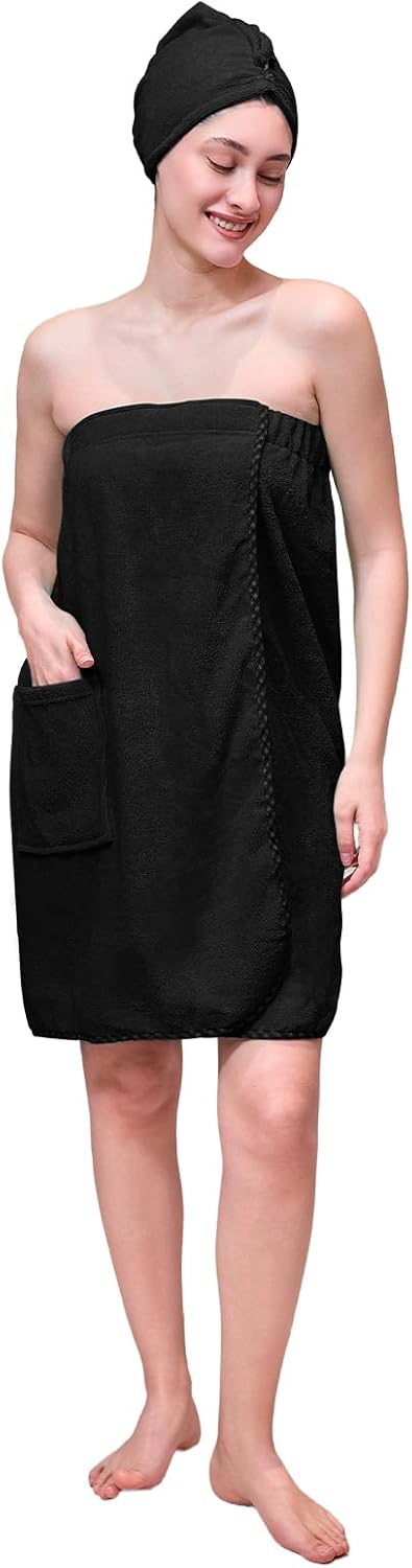 Women's Lightweight Velcro Spa Wrap | Adjustable Shower Body Wrap with Hair Towel