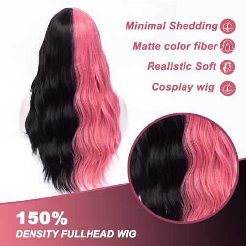 MORTICIA Long Loose Wavy Half Pink and Half Black Full Bang Wig