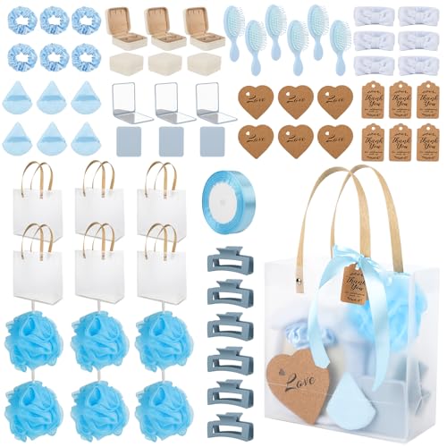 6 Sets Baby Shower Prizes for Game Winners Bath Sponges Heart Cork Coaster Headband Hair Brush Jewelry Box Compact Mirror Powder Puff Hair Tie Claw Gift Bag Bridal Shower