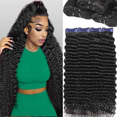 Human Hair Bundles 14 16 18 20 Inch Deep Wave Bundles Human Hair Curly Hair Extensions 16A 100% Unprocessed Brazilian Raw Hair Bundle Quick Weave Wet and Wavy Deep Wave 4 Bundle Deals Natural Black