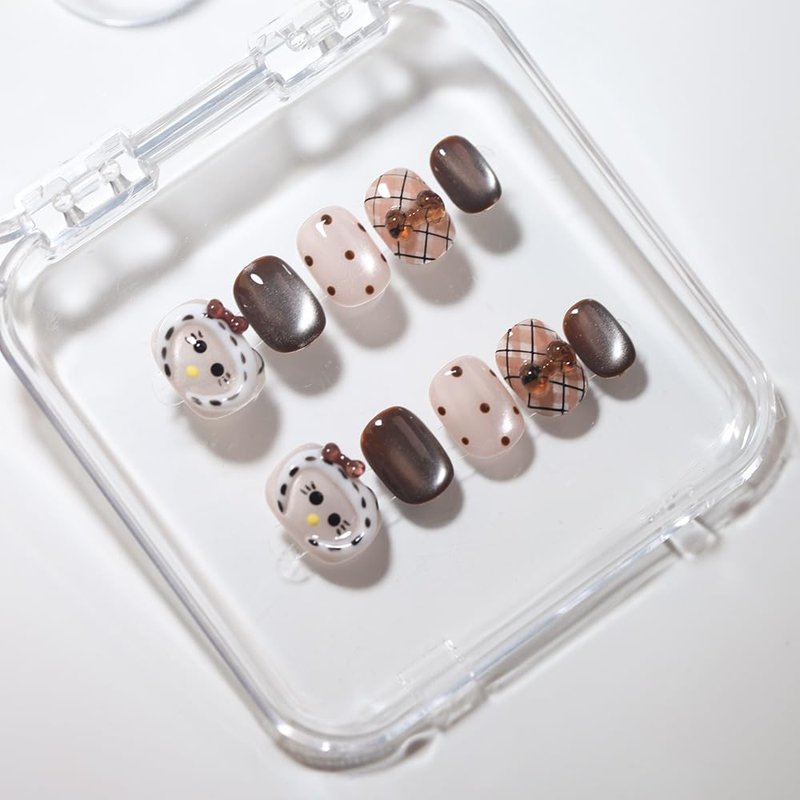 Skiennix 10 Short Oval Handmade Press-On Nails - 3D Floral Cat Eye Polka Dot & Sweet Bow | Easy to Apply & Reusable (XS)