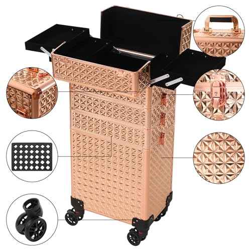 Rolling Train Case 4-in-1 Portable Makeup Train Case Professional Cosmetic Organizer Makeup Traveling case Trolley Cart Trunk (rose gold)